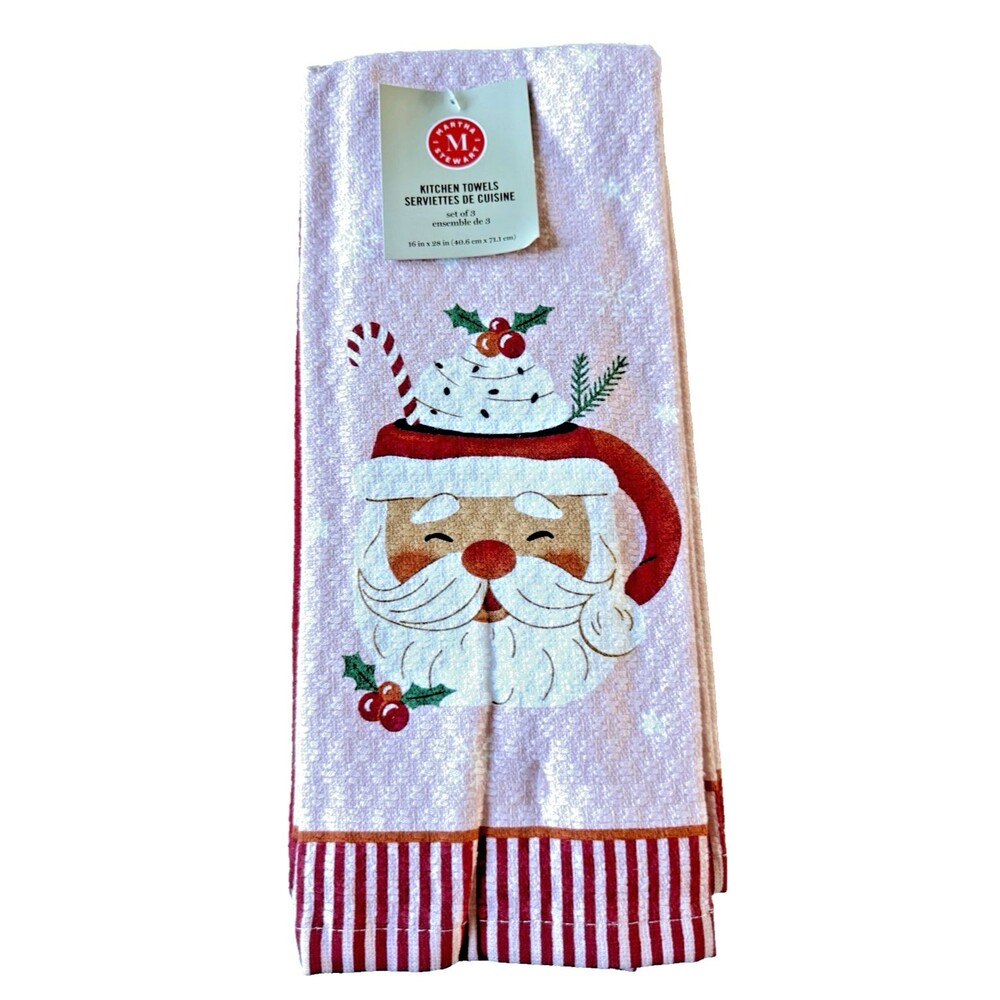 Martha Stewart Christmas Santa Claus Dish Kitchen Towels Set of 3 Pink Red 16x28
